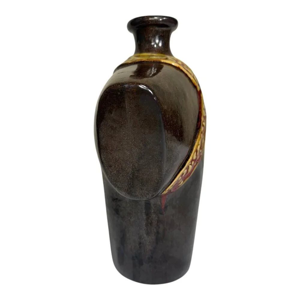 Vintage Kimono-Inspired Ceramic Abstract Vase W/ Ornate Red & Gold Detailing 12”
